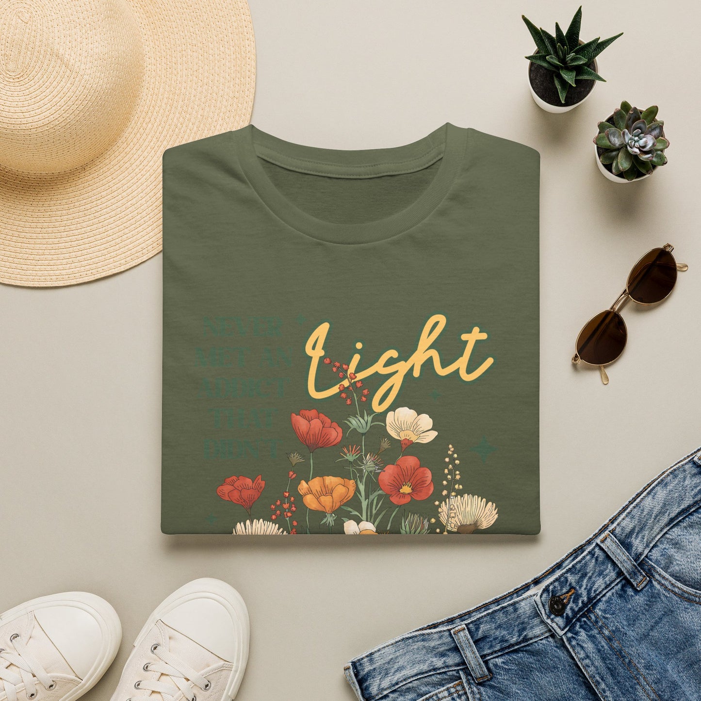 Sober Recovery T‑Shirt — "Never Met An Addict That Didn’t Light Up A Room" Floral Tee