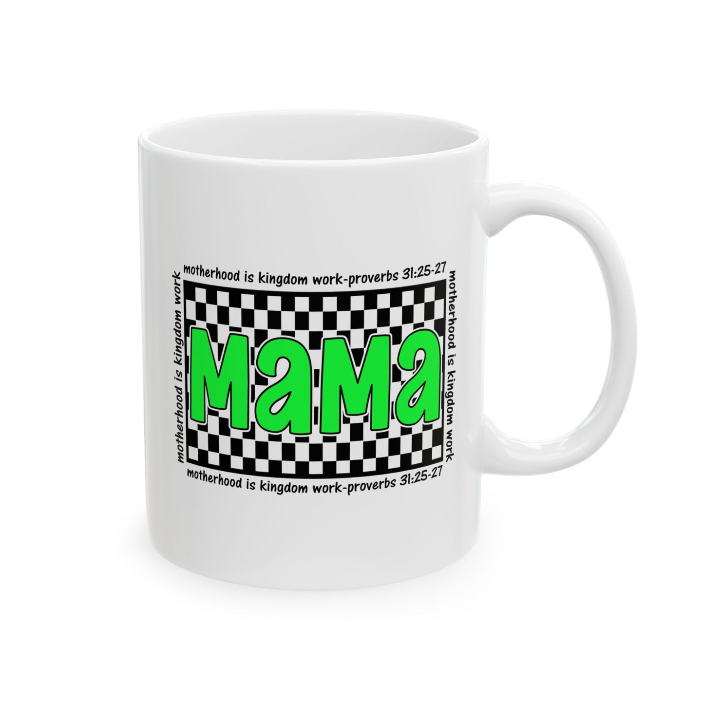 Mug — Retro Checkerboard 'Ma' Green Typography Ceramic Coffee Cup