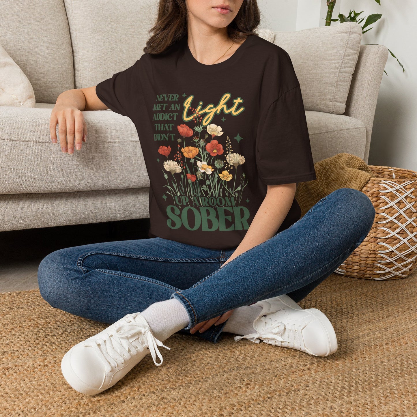 Sober Recovery T‑Shirt — "Never Met An Addict That Didn’t Light Up A Room" Floral Tee
