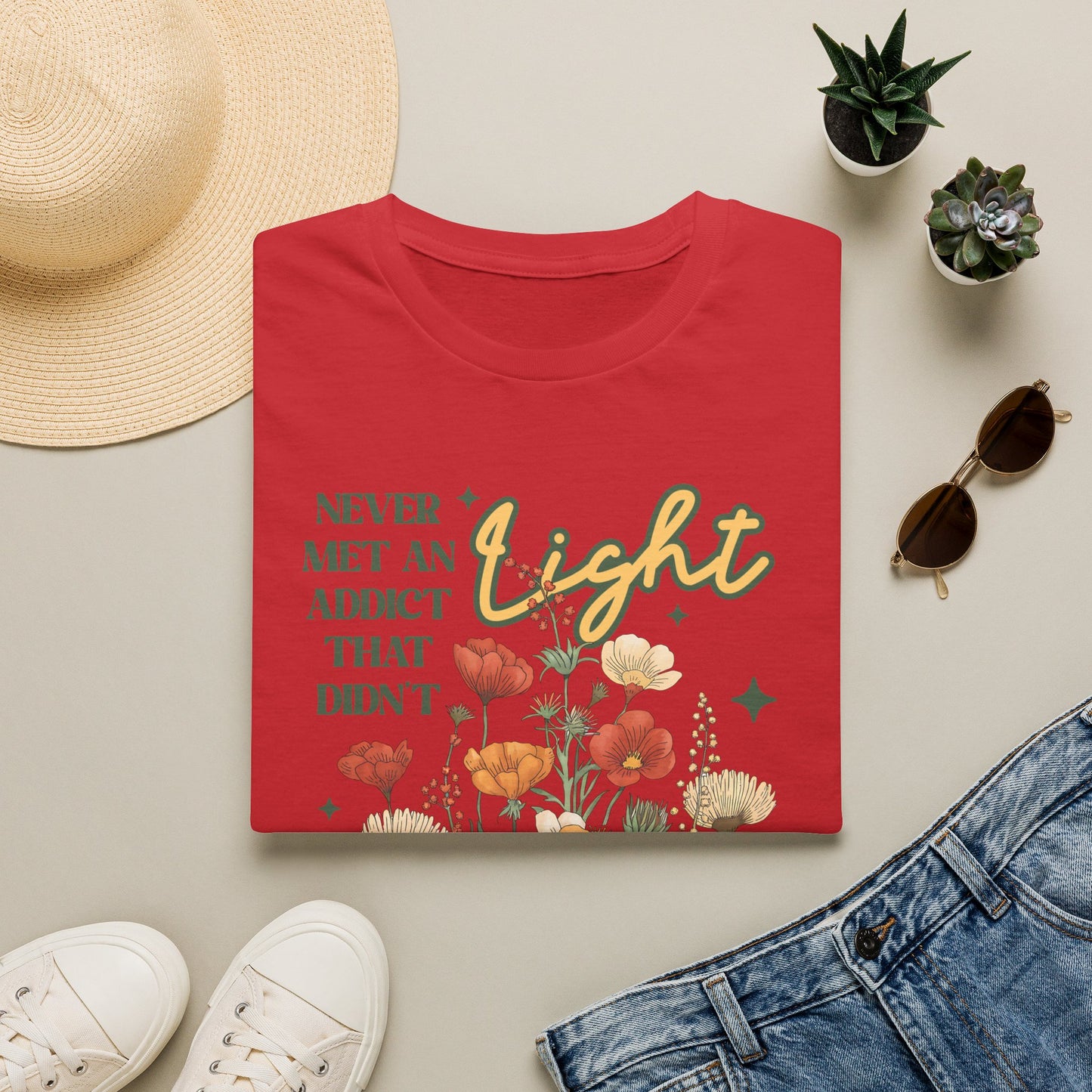 Sober Recovery T‑Shirt — "Never Met An Addict That Didn’t Light Up A Room" Floral Tee