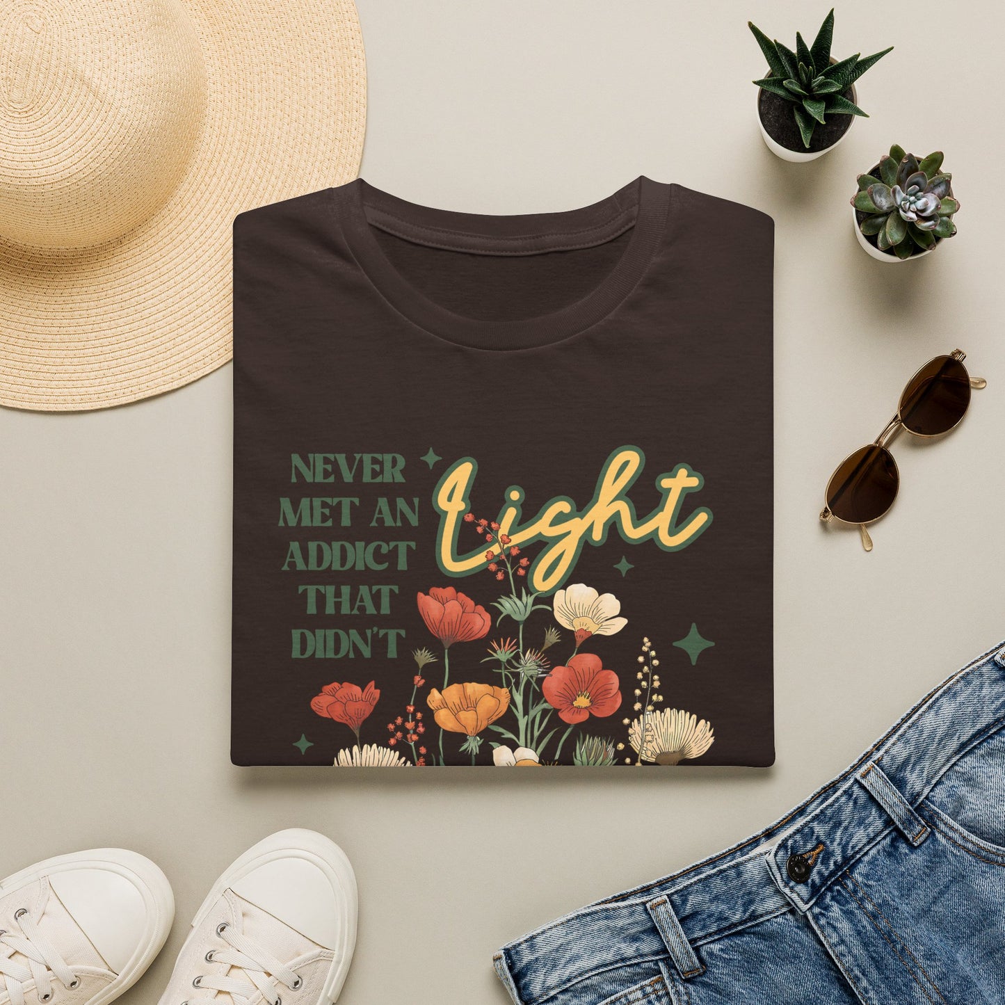 Sober Recovery T‑Shirt — "Never Met An Addict That Didn’t Light Up A Room" Floral Tee