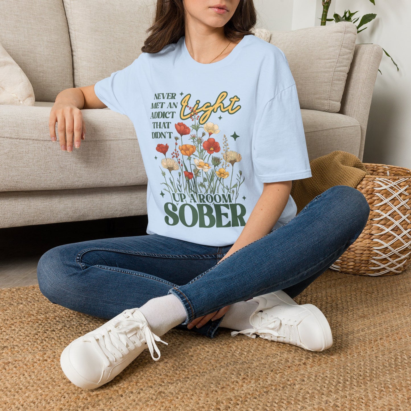 Sober Recovery T‑Shirt — "Never Met An Addict That Didn’t Light Up A Room" Floral Tee