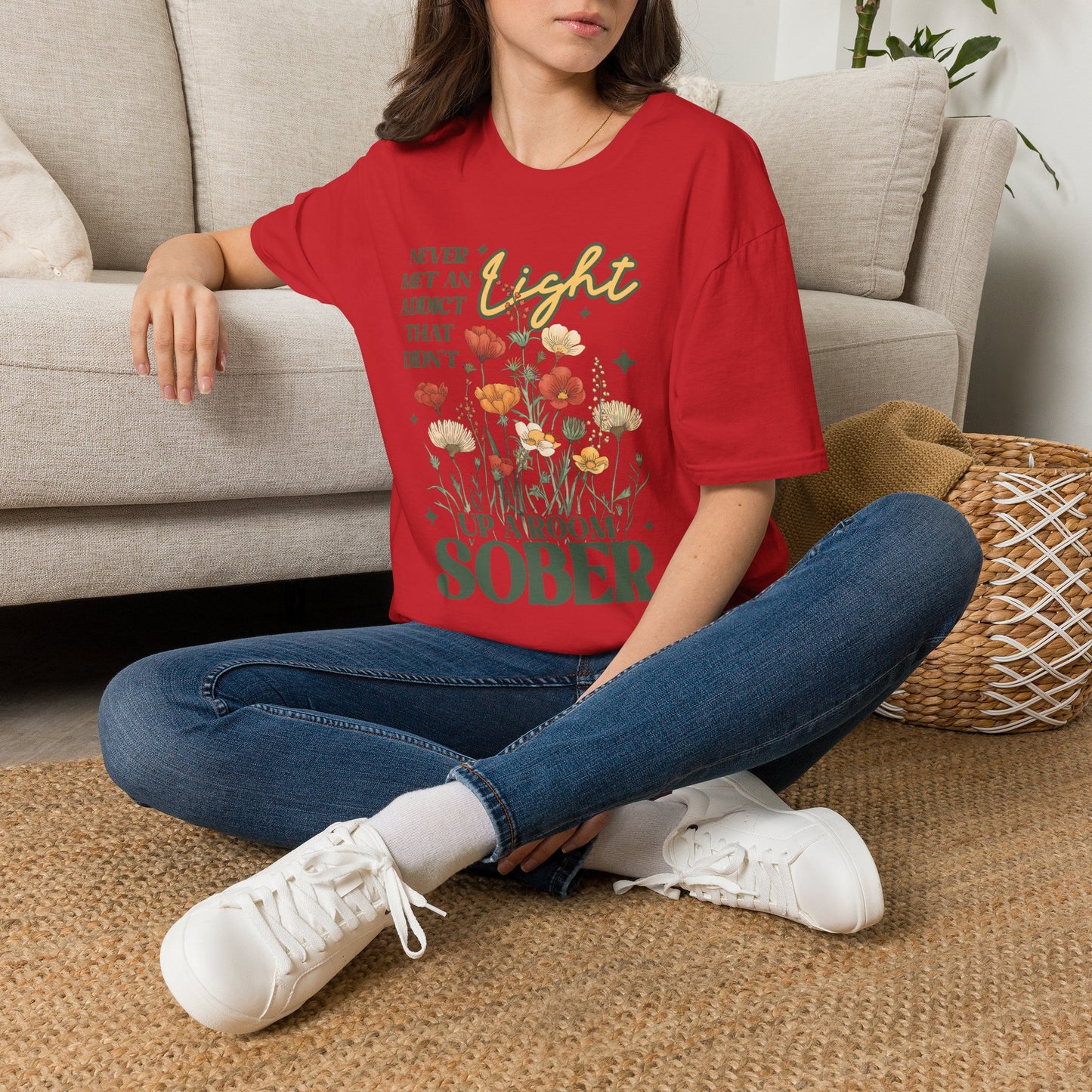 Sober Recovery T‑Shirt — "Never Met An Addict That Didn’t Light Up A Room" Floral Tee