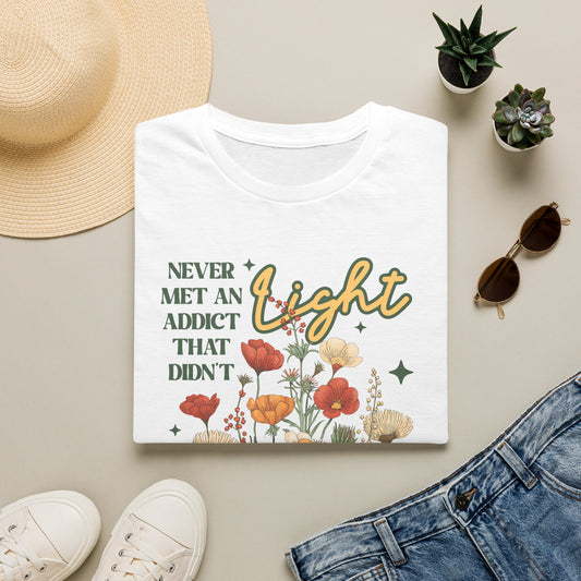 Sober Recovery T‑Shirt — "Never Met An Addict That Didn’t Light Up A Room" Floral Tee
