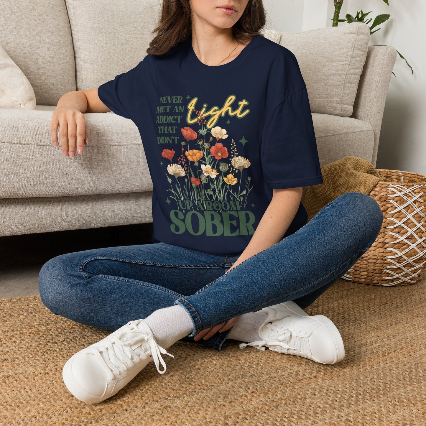 Sober Recovery T‑Shirt — "Never Met An Addict That Didn’t Light Up A Room" Floral Tee