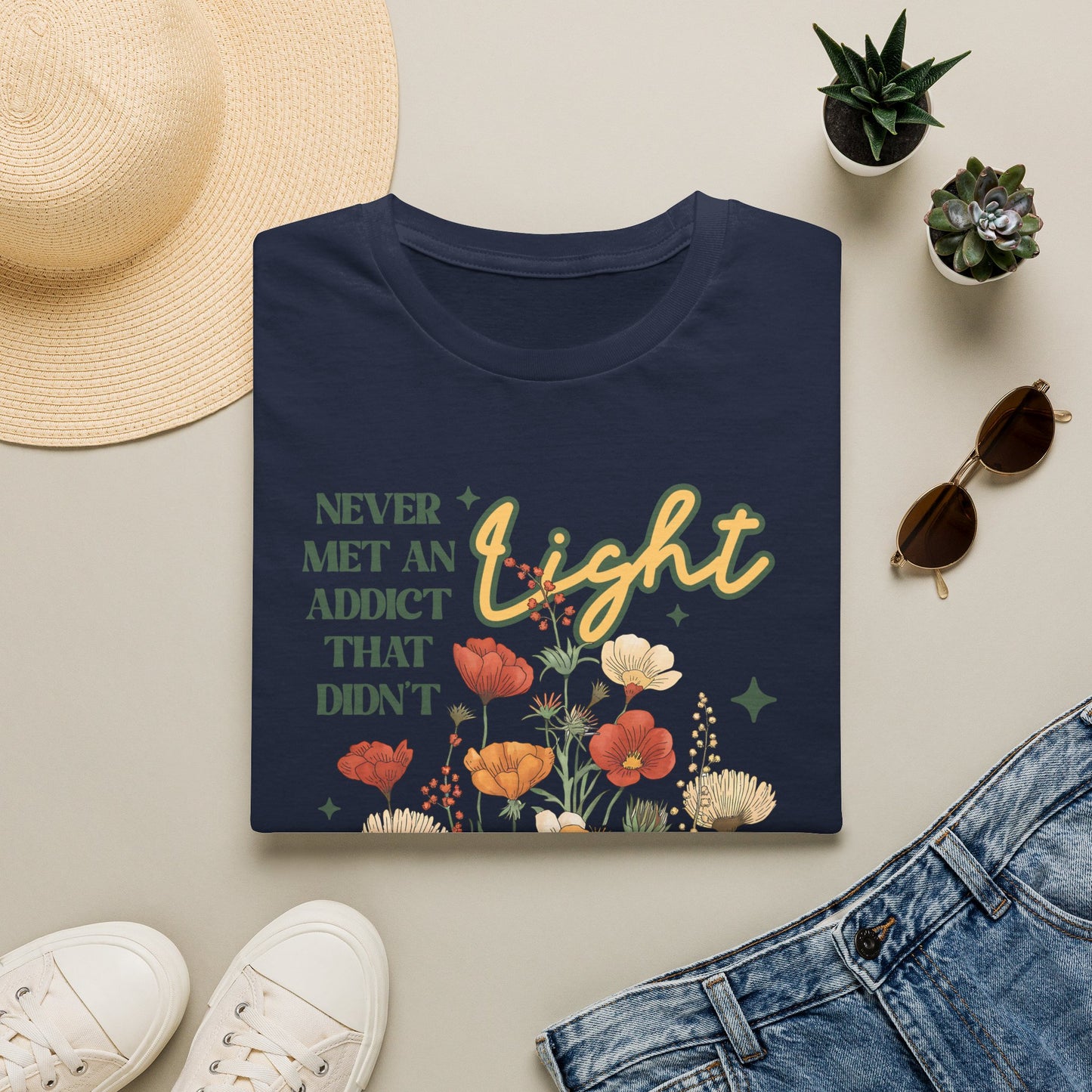 Sober Recovery T‑Shirt — "Never Met An Addict That Didn’t Light Up A Room" Floral Tee
