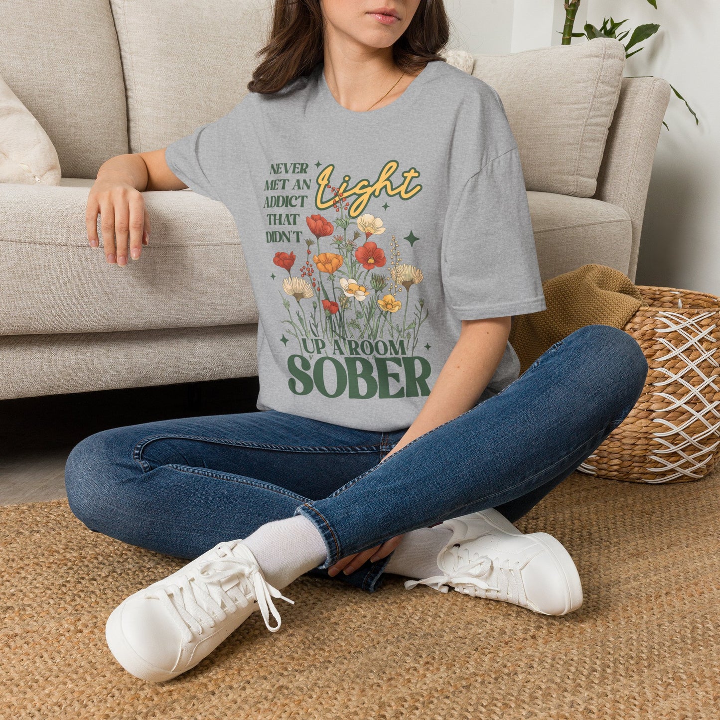 Sober Recovery T‑Shirt — "Never Met An Addict That Didn’t Light Up A Room" Floral Tee