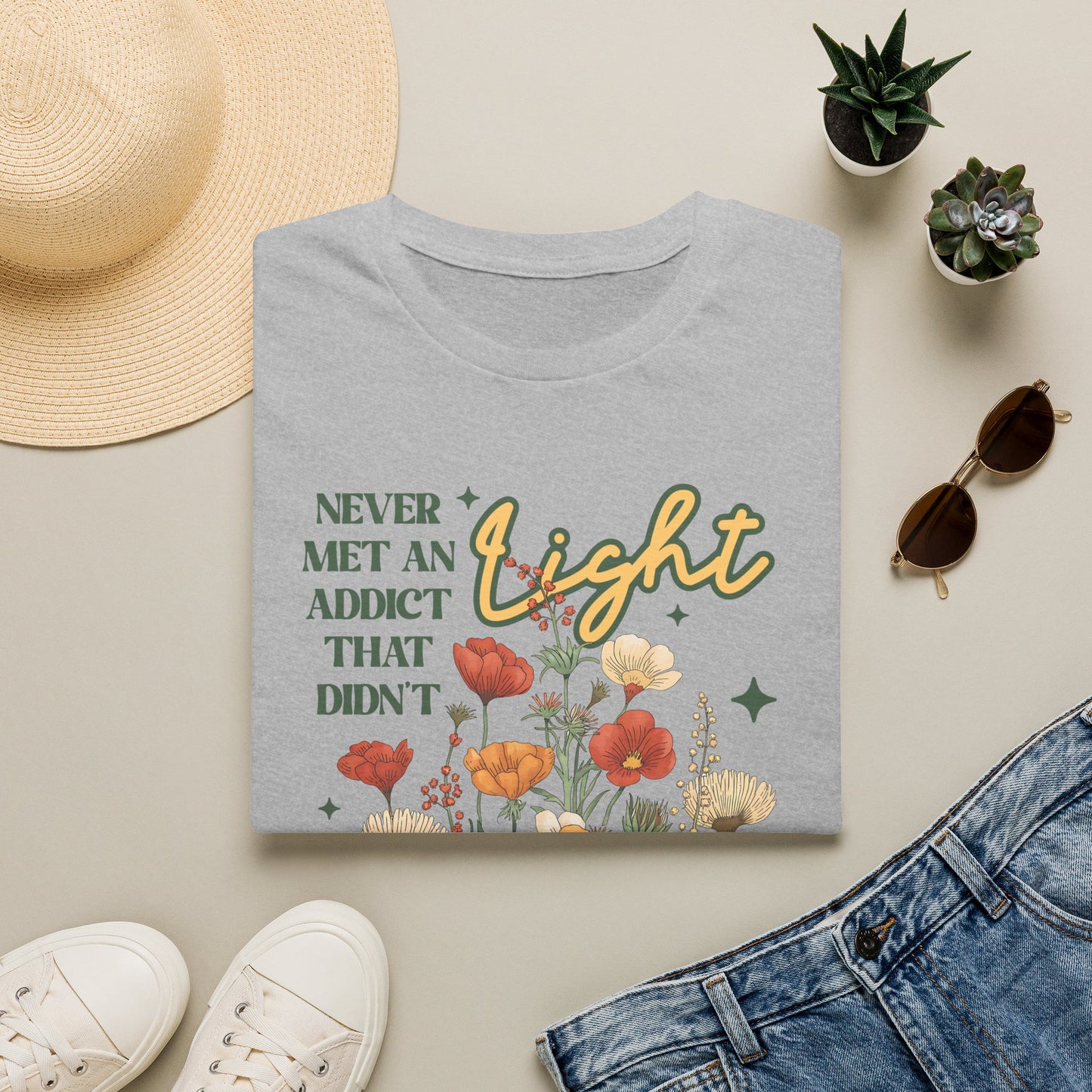 Sober Recovery T‑Shirt — "Never Met An Addict That Didn’t Light Up A Room" Floral Tee