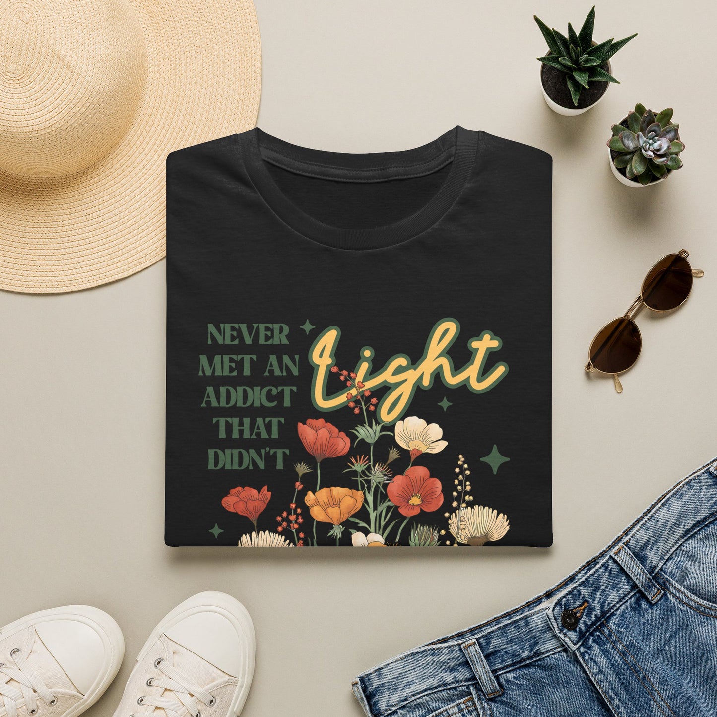 Sober Recovery T‑Shirt — "Never Met An Addict That Didn’t Light Up A Room" Floral Tee