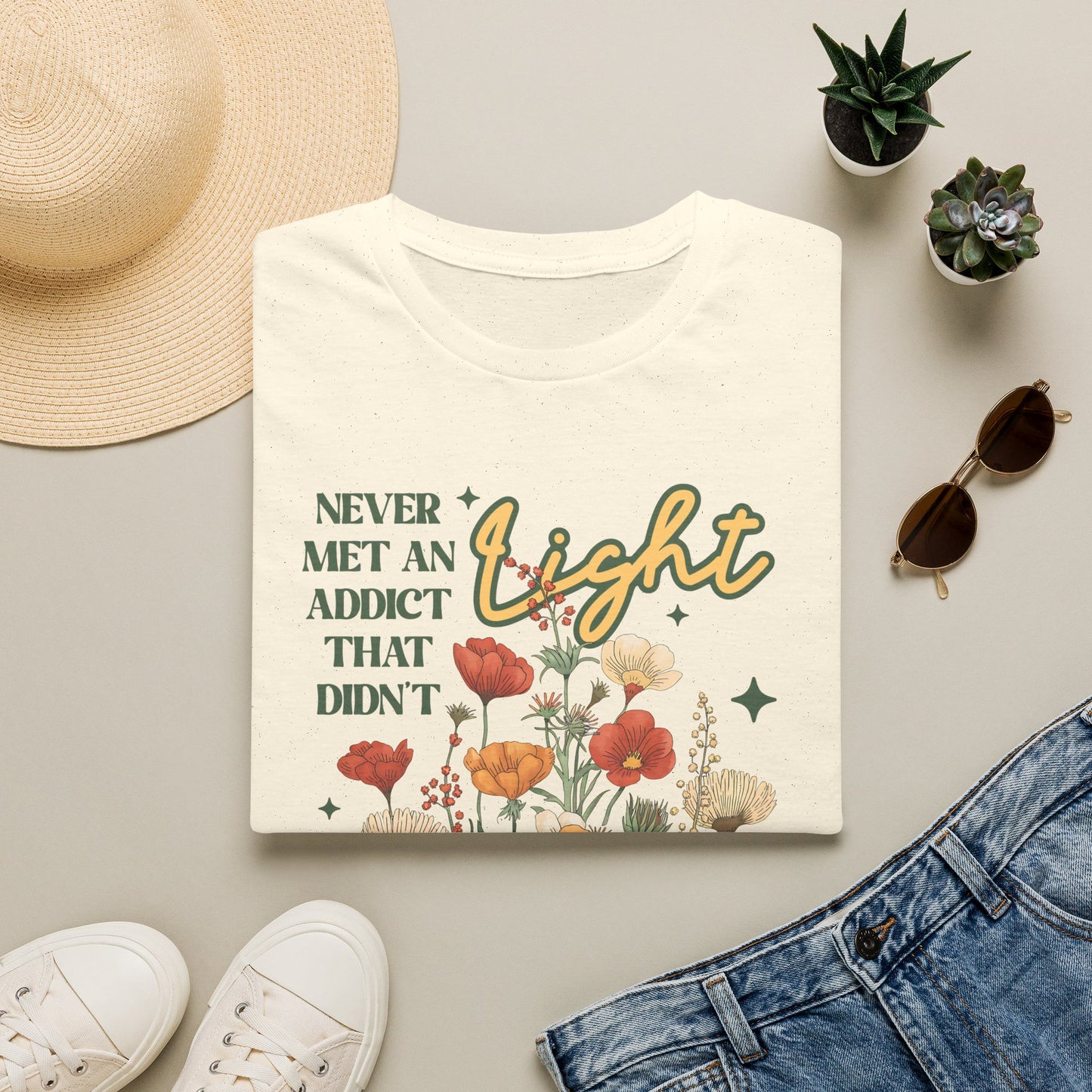 Sober Recovery T‑Shirt — "Never Met An Addict That Didn’t Light Up A Room" Floral Tee