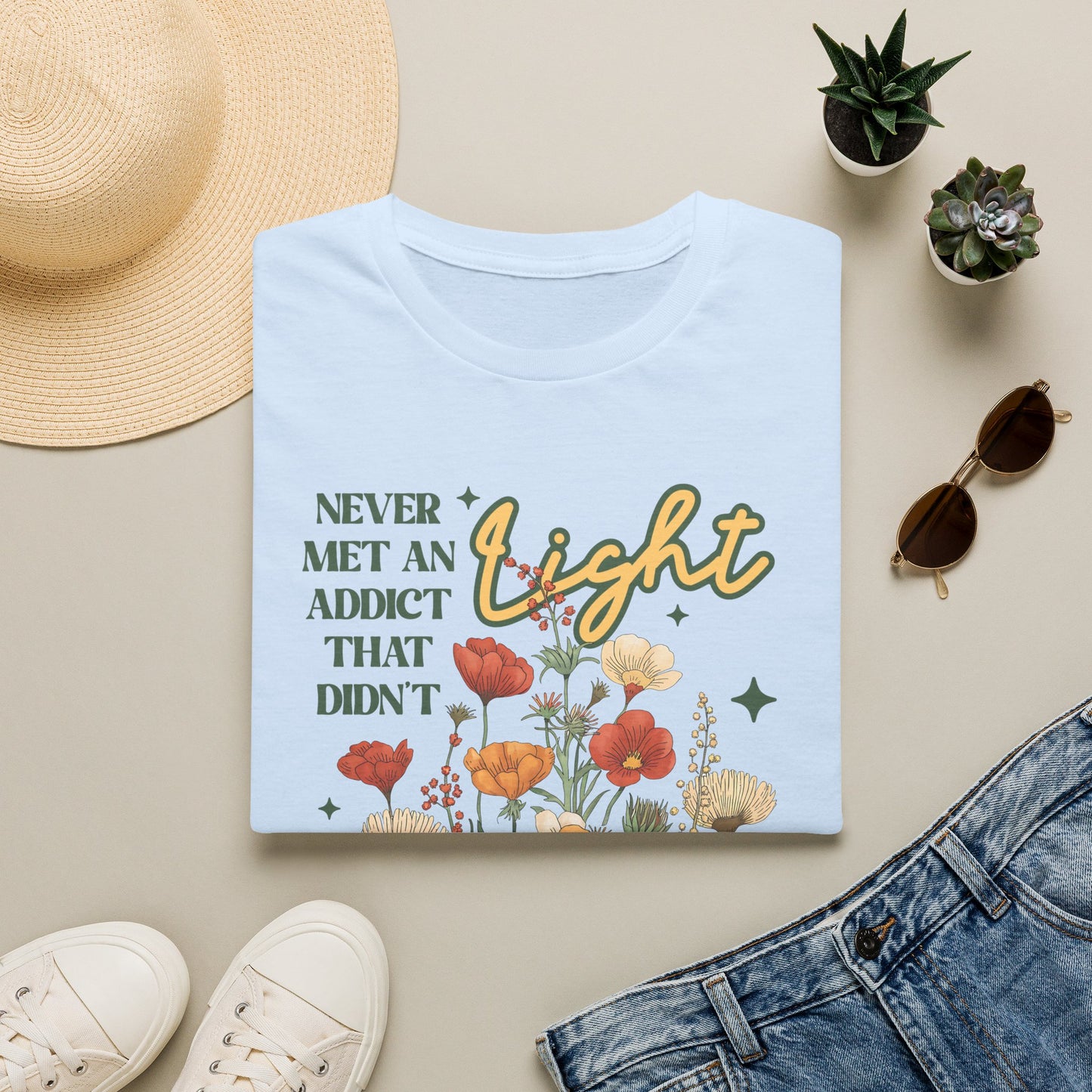 Sober Recovery T‑Shirt — "Never Met An Addict That Didn’t Light Up A Room" Floral Tee