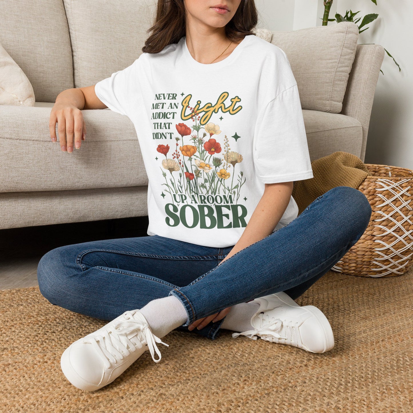 Sober Recovery T‑Shirt — "Never Met An Addict That Didn’t Light Up A Room" Floral Tee